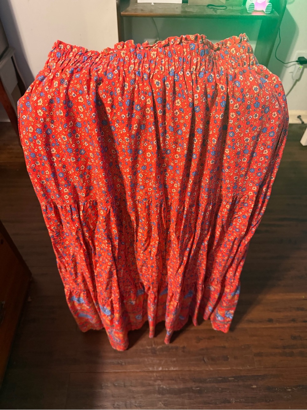 Red Floral Tiered Maxi Skirt with Elastic Waist